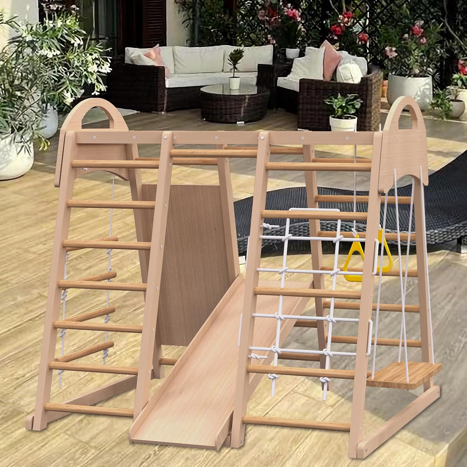 7-in-1 Indoor Jungle Gym Playset, Montessori Climber with Slide, Climbing Wall, Rope Wall Climber, Monkey Bars, Swing, Montessori Playground Climb Set (7-in-1)