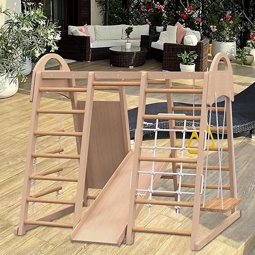 Miniatura 7 de Zona de juegos interior 7 en 1 juego de gimnasio de la selva para niños de 2 a 6 años - tobogán, pared de escalada, escalador de pared de cuerda,