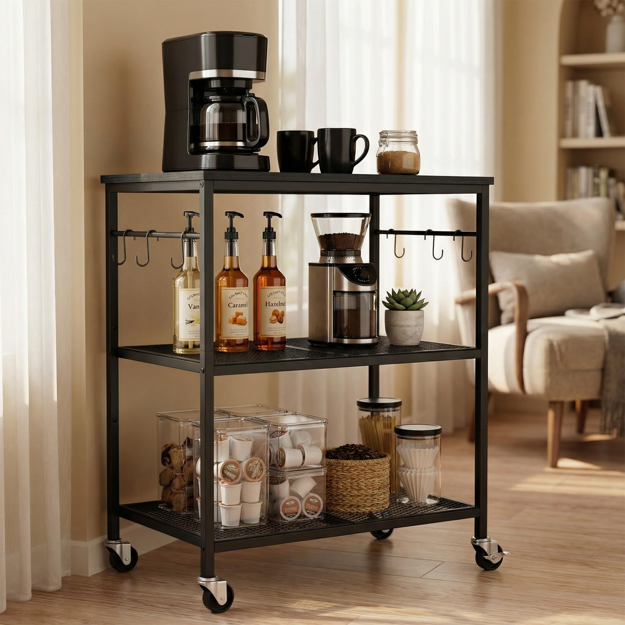 3-Tier Rolling Kitchen Microwave Cart, Kitchen Utility Cart on Lockable Wheels, Coffee Bar Table Station with 6 S-Shaped Hooks, Small Appliance Storage Shelf, Black