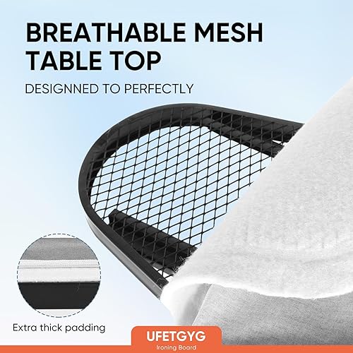 Miniatura 5 de Tabla de planchar clásica de 43 x 13 pulgadas con soporte para hierro, construcción de metal completo, altura ajustable, tela resistente al calor y