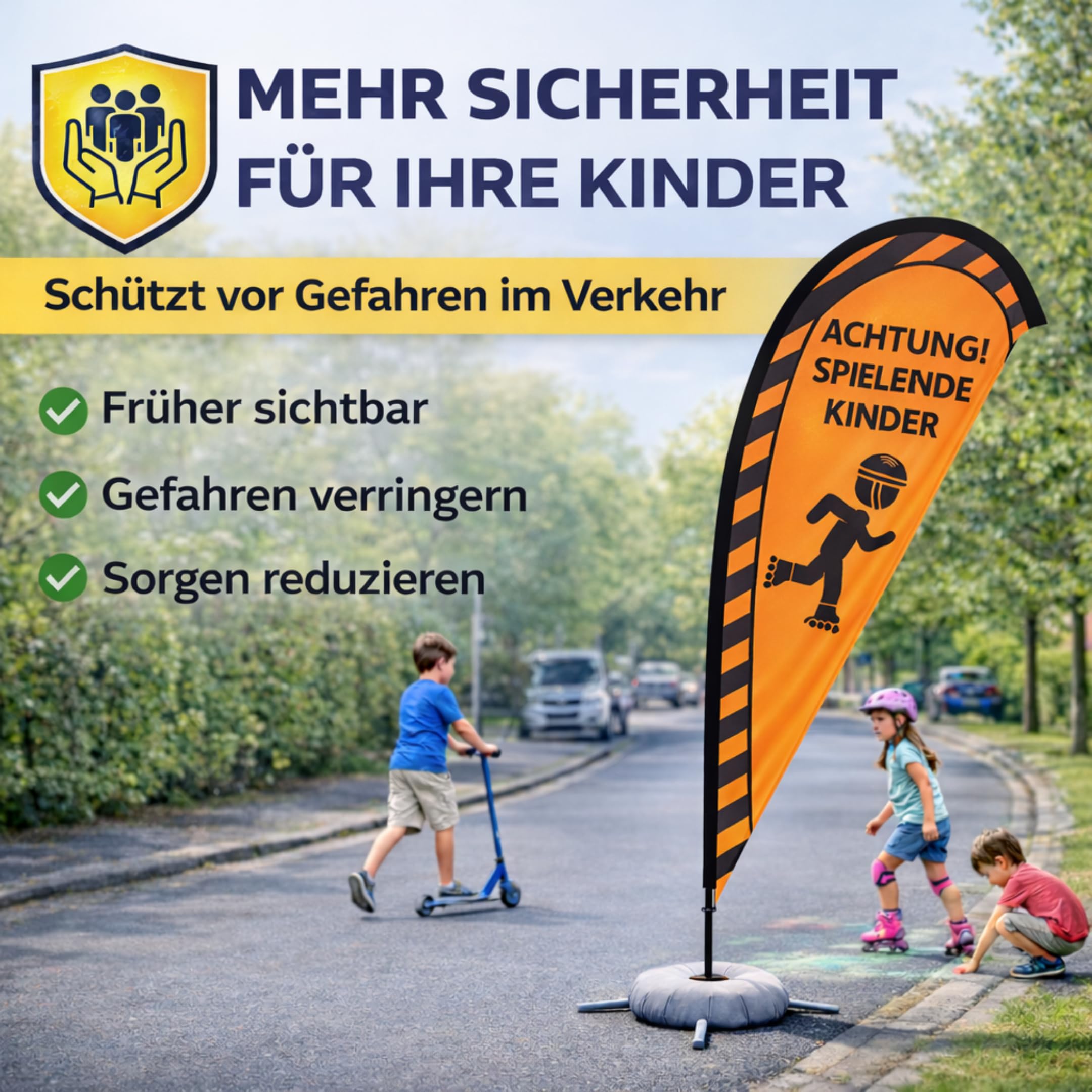 Friendly Fox Warnflagge Achtung Spielende Kinder 230 cm, großes Warnschild