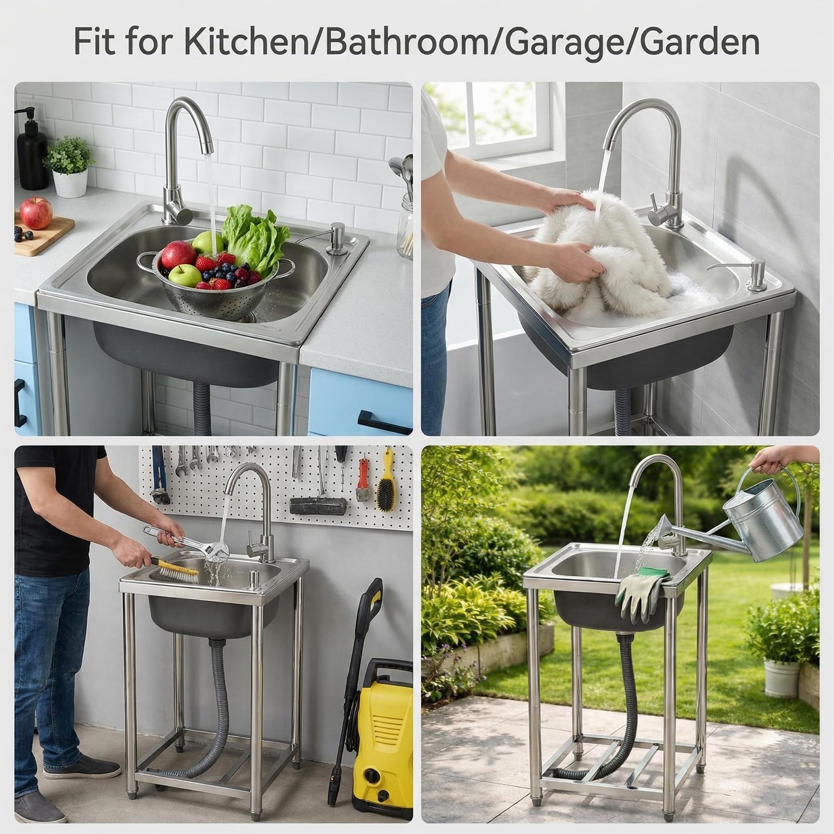Lavello in Cucina Acciaio Inox Autoportante 42x37x82cm 1 Vasca Mobile Interno e Esterno Vasca singola Lavandino Commerciale per lavanderia, bar, garage o ristorante,Facile Da Pulir