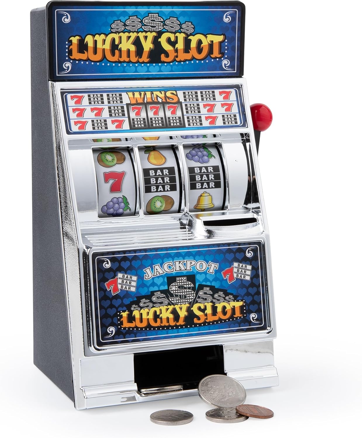 Slot Machine Money Bank for Adults (7.87 * 4.13 * 3.9inch), Lucky Seven Casino Games Toy Piggy Bank with Spinning Reels and White Elephant Gifts-Blue
