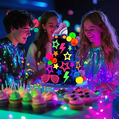 Miniatura 4 de Juego de 28 adornos para tartas de bolas brillantes de los años 80 y 90 con patines de estrellas, gafas y decoración de relámpagos, adornos retro