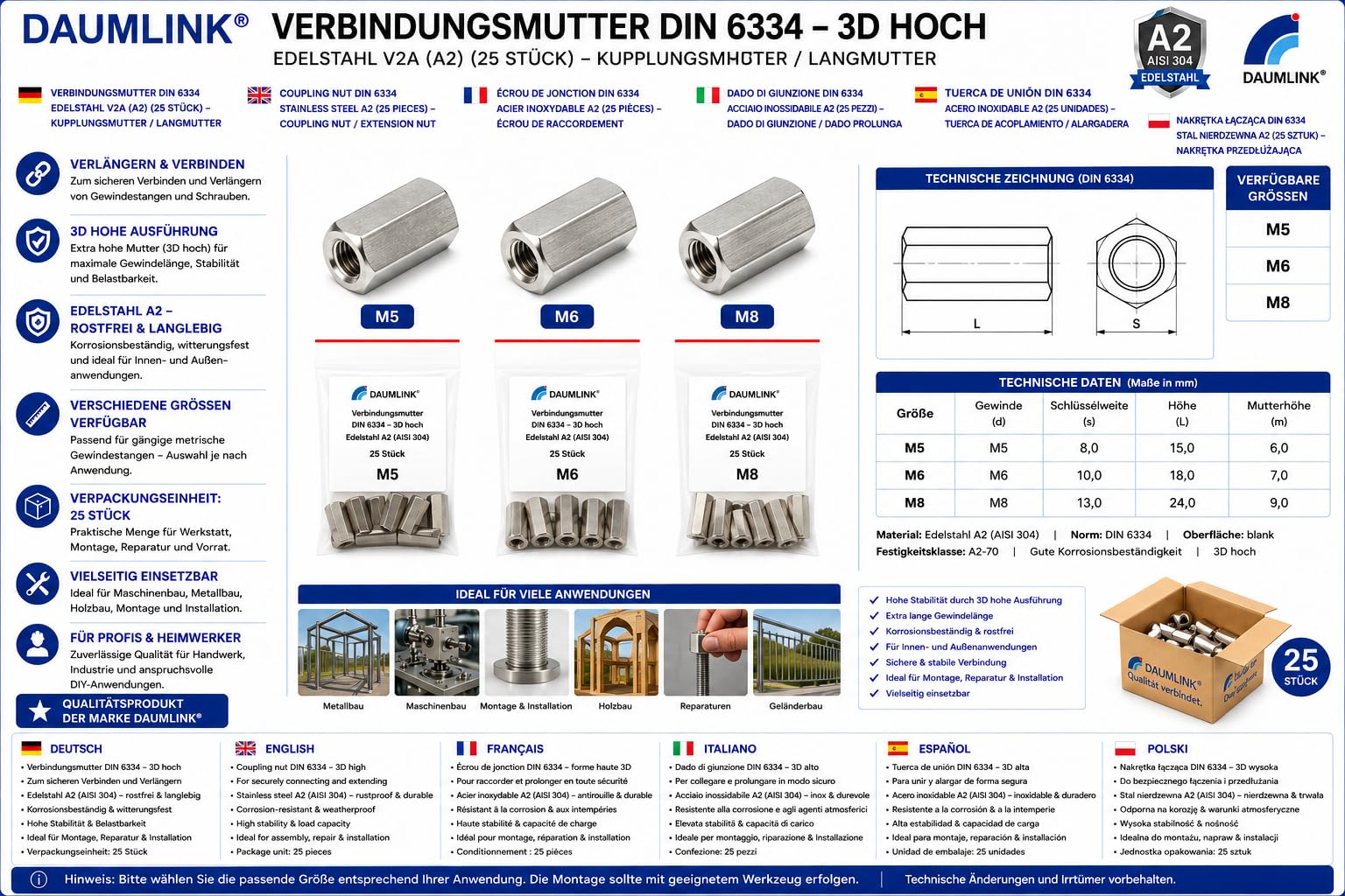 Dado di giunzione DIN 6334 – Dado lungo forma alta in acciaio inox A2 (V2A) | Collegamento e prolunga di barre filettate | Resistente alla corrosione | 25 pezzi – varie misure (M5)