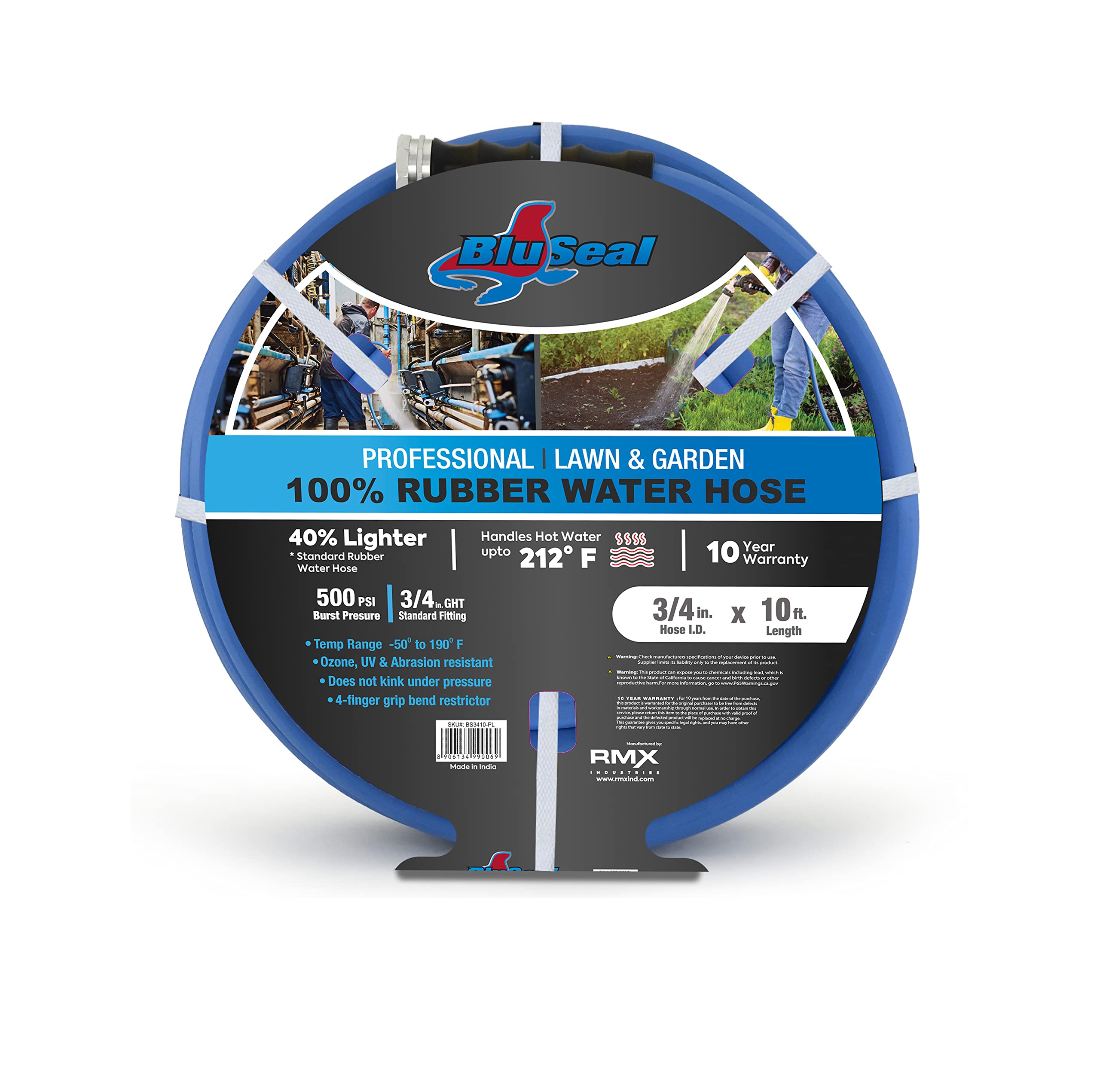 BluSeal Hot/Cold Water Rubber Garden Hose, 100% Rubber, Ultra-Light, Super Strong, 500 PSI, 50F to 190F Degrees, High Strength Polyester Braided (3/4" x 10')