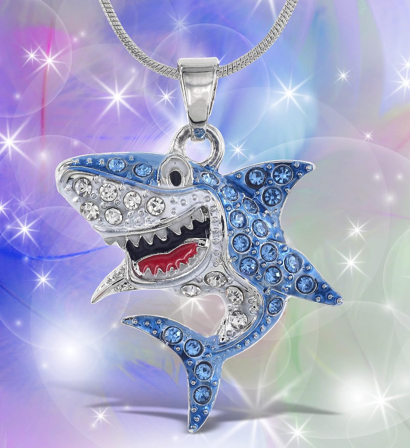 Silver Shark Sparkling Crystal Pendant Necklace - Cute Necklace with Shark Skull Head Sparkly Jewelry, Elegant Ocean Life Animal Silver Charm Necklace - 18 Inches - Image 5