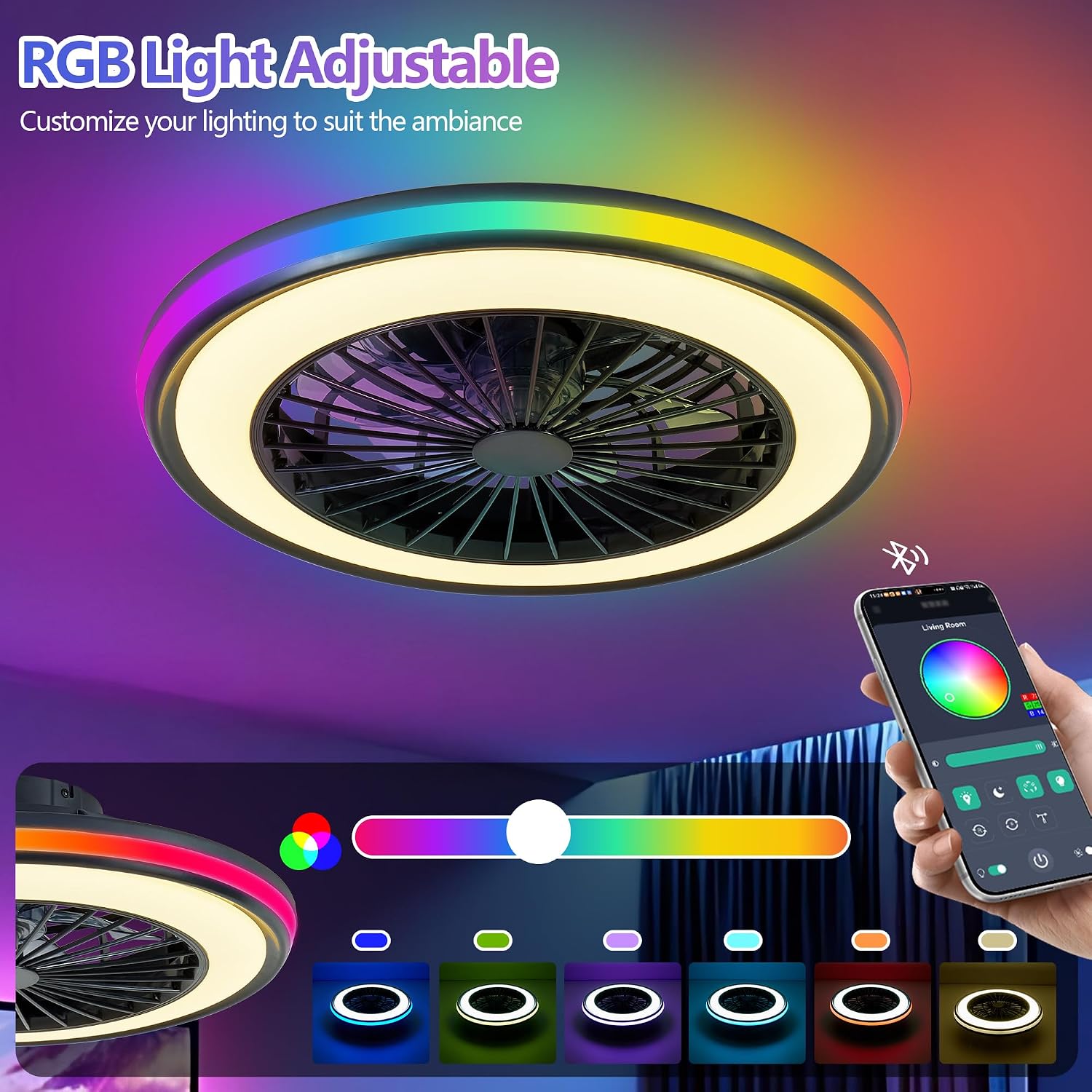 20 Inch Flush Mount Ceiling Fan with Light, RGB Smart Ceiling Fan, APP & Remote Control, 6-Speed Reversible Quiet DC Motor, Dimmable 3000K-6000K LED, Low Profile Ceiling Fan for Bedroom Living Room