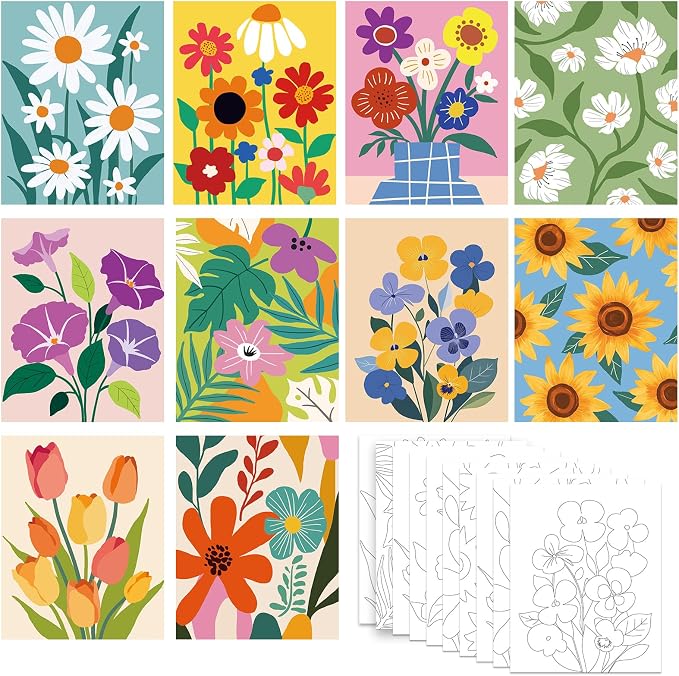 Nuberlic 10 Packs 8X10 Pre Drawn Canvas for Painting for Kids Floral Pre Printed Canvas Painting Kit Vibrant Botanical Pre Drawn Canvas to PaintGirls Night Party Supplies