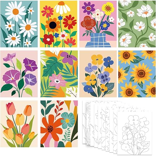 Nuberlic 10 Packs 8X10 Pre Drawn Canvas for Painting Floral Pre Printed Canvas Painting Kit Vibrant Botanical Pre Drawn Canvas to Teens Night Party Supplies
