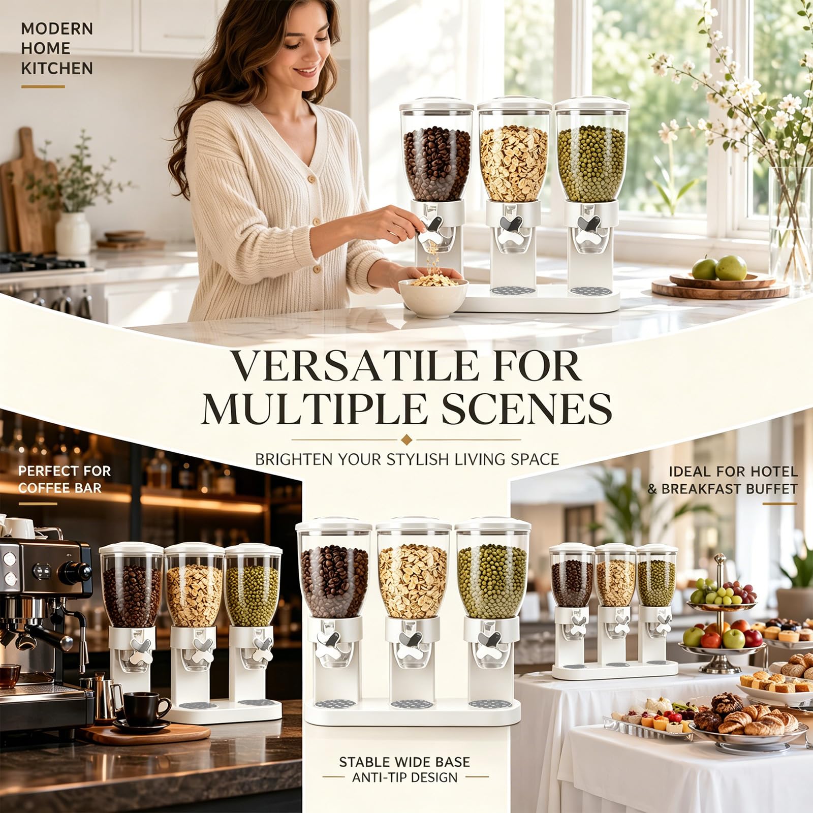 Cereal Dispenser Countertop, 2L Lebensmittelspender, Müslispender Luftdichte Behälter für Müsli, Reis, Körner, Süßigkeiten, Kaffebohnen, 29x35x16cm Cornflakes Spender&süßstoffspender (Weiß Triple)