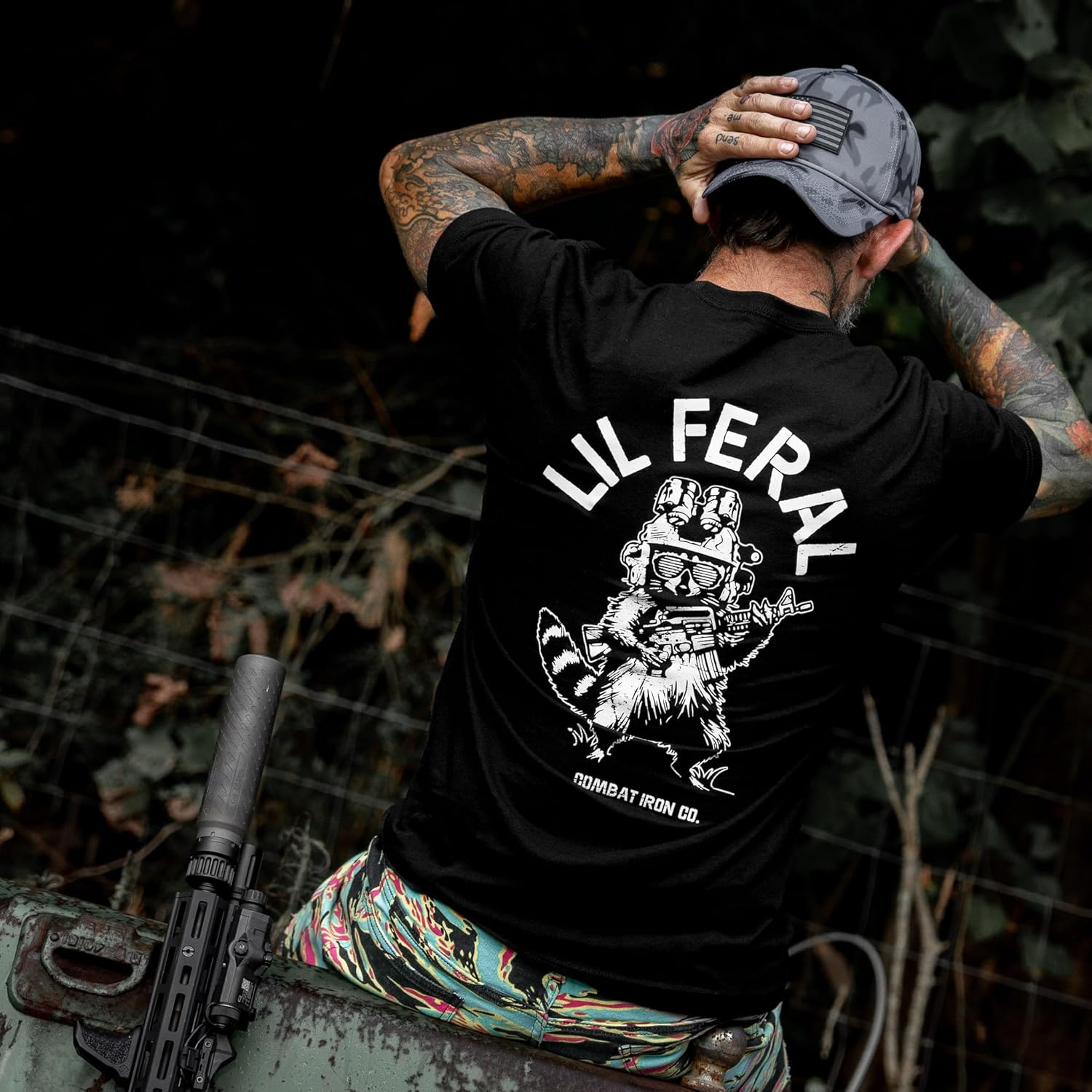 Combat Iron Men’s Graphic T-Shirt – Lil Feral Raccoon – Athletic Fit Pre-Shrunk Cotton Poly Blend
