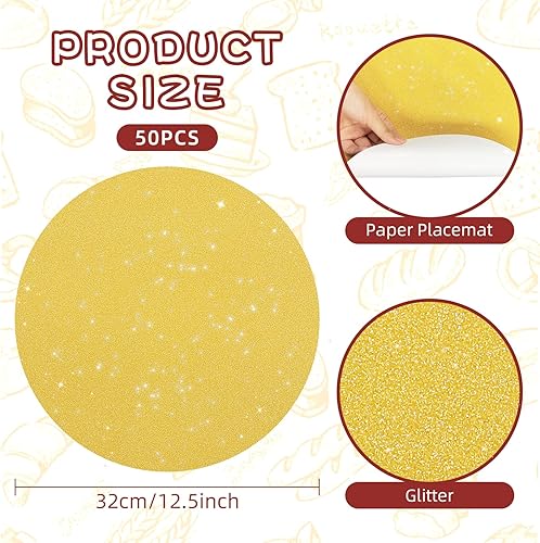 Miniatura 2 de WHATWEARS Juego de 50 manteles individuales de papel dorado para mesa de comedor desechables de 12.5 pulgadas, manteles individuales redondos con