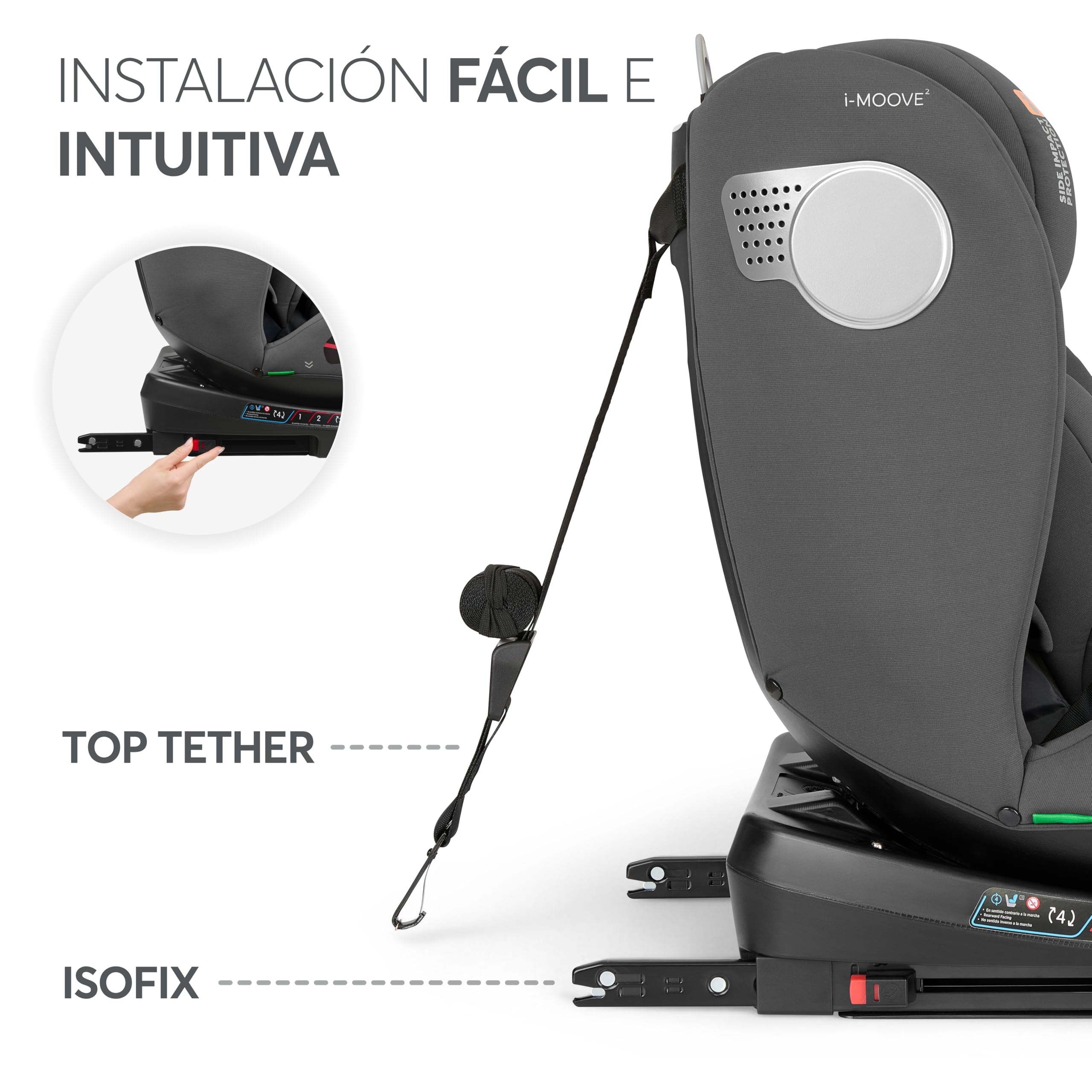 KikkaBoo Silla Coche Bebé Grupo 0 1 2 3 i-MOOVE 2, i-Size 40–150 cm con ISOFIX, 360° Giro, Reclinable, Reposacabezas Ajustable, Gris oscuro