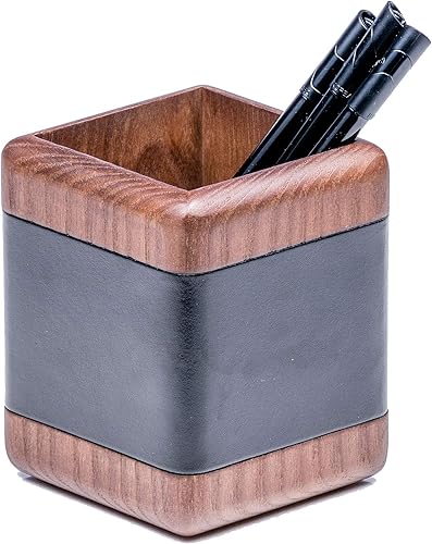 Miniatura 8 de Dacasso Juego de madera de lujo de cuero y artículos esenciales de organización de escritorio, 8 piezas, nogal y negro