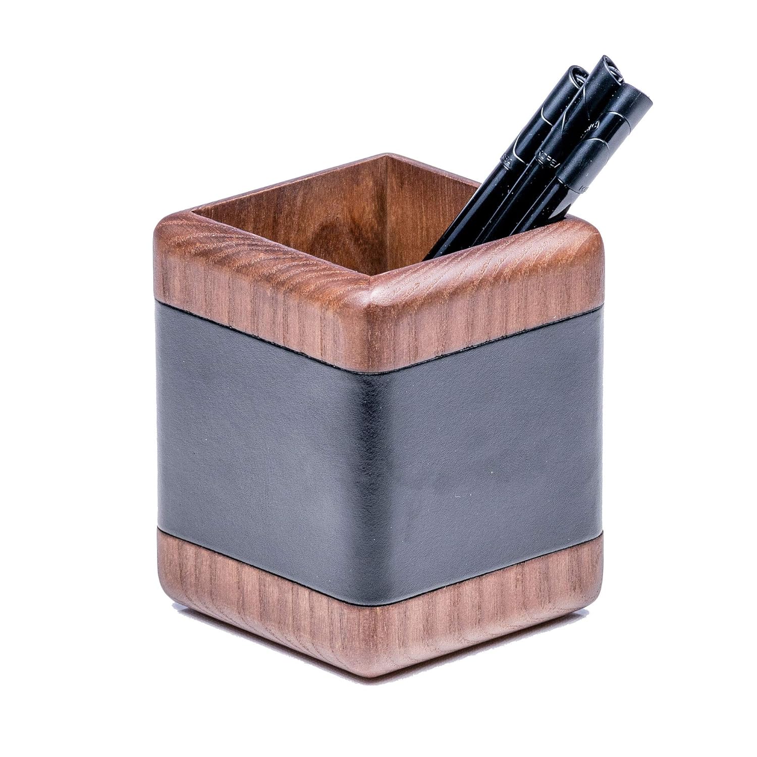 Dacasso Walnut and Leather Luxury Cup Storage, Pencils, & Office Accessories-Elegant Pen Organizer, Black