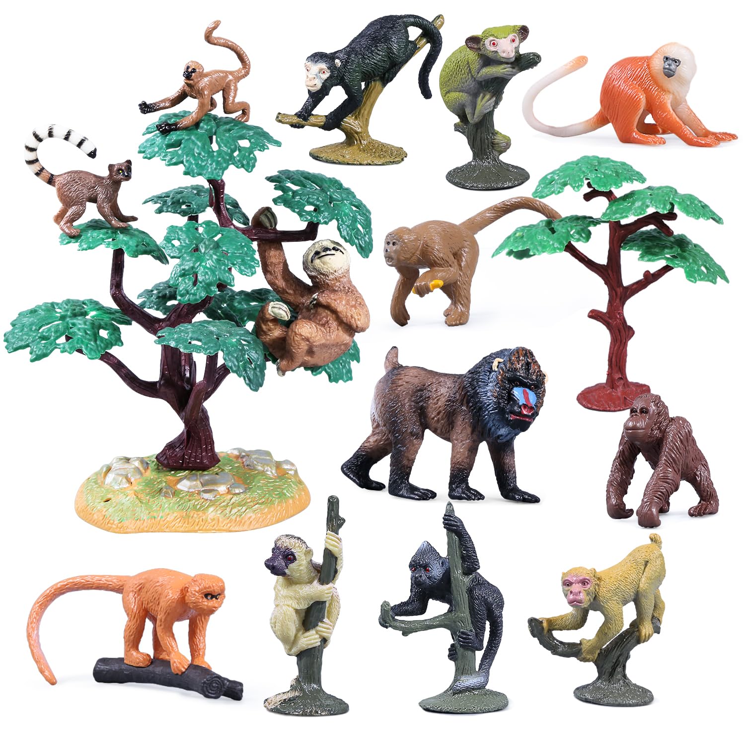 kukifun 16-teiliges Affen-Set, realistische Primaten-Figuren, Mandrill, Lemur, Gorilla, Faultier, mit Bäumen für Kinder, Bildung, Geburtstagsdeko & Schulprojekte