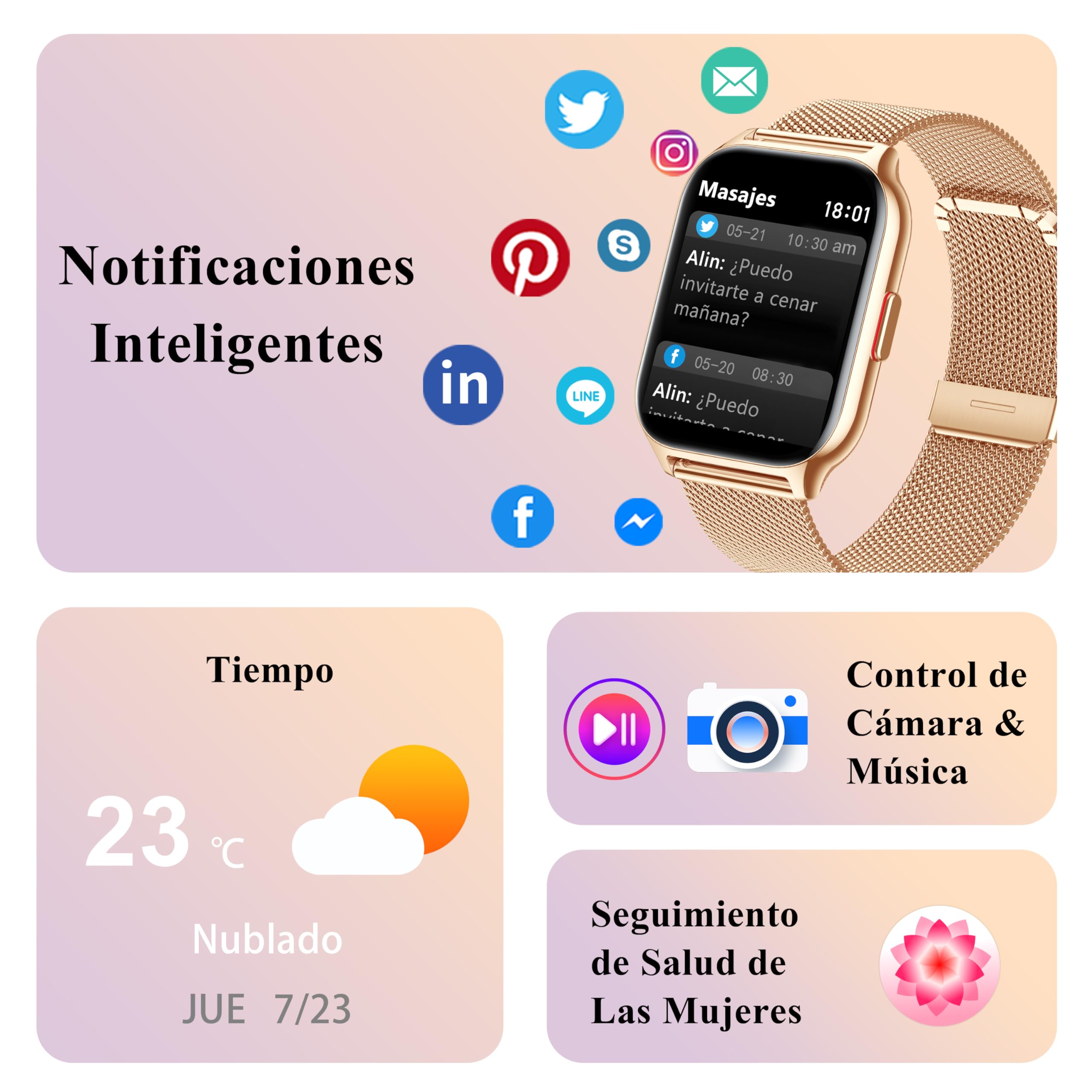 Popglory Reloj Inteligente Llamadas, 2,01" Grande Pantalla, Asistente Voz, 100+ Deportes Smartwatch Mujer Hombre con Presión Arterial Ritmo Cardíaco Pulsometro, Alerta Whatsapp