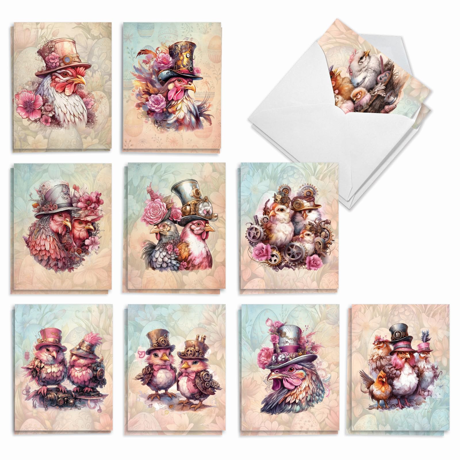 The Best Card Company 20 Assorted Easter Notecards Boxed Set 4 x 5.12 Inch with Envelopes (10 Designs, 2 Each) Steampunk Chicken Family