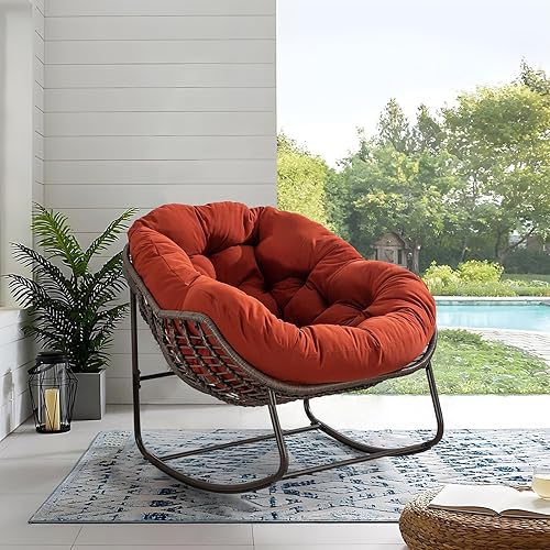 Miniatura 8 de Antetek Mecedora de patio al aire libre, cómoda silla de mimbre con cojín acolchado, mecedora de gran tamaño para interiores y exteriores, moderna