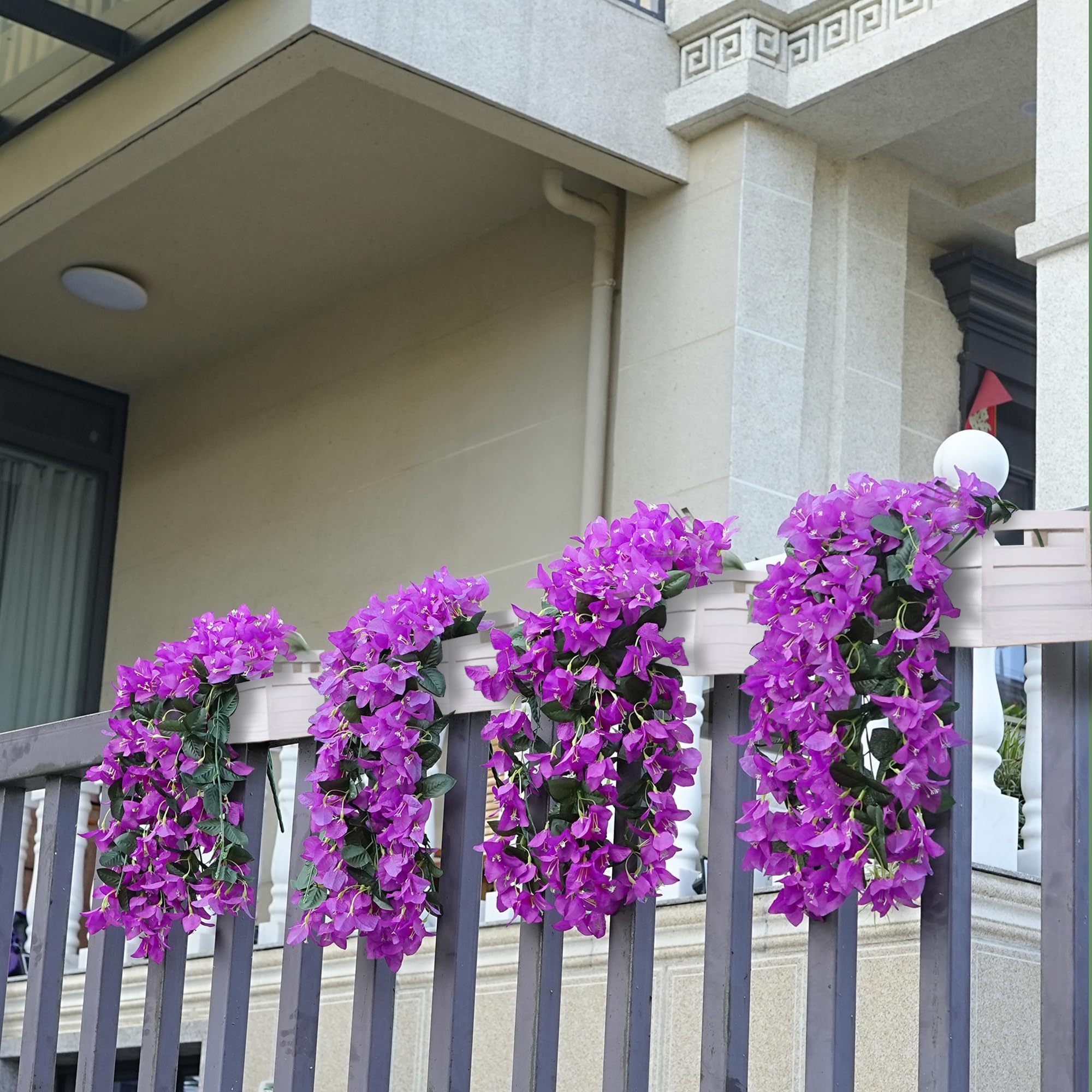 Flores artificiales de buganvillas para decoración al aire libre, 2 vides de seda sintética, guirnalda colgante de buganvilla resistente a los rayos UV para porche delantero, balcón, maceta