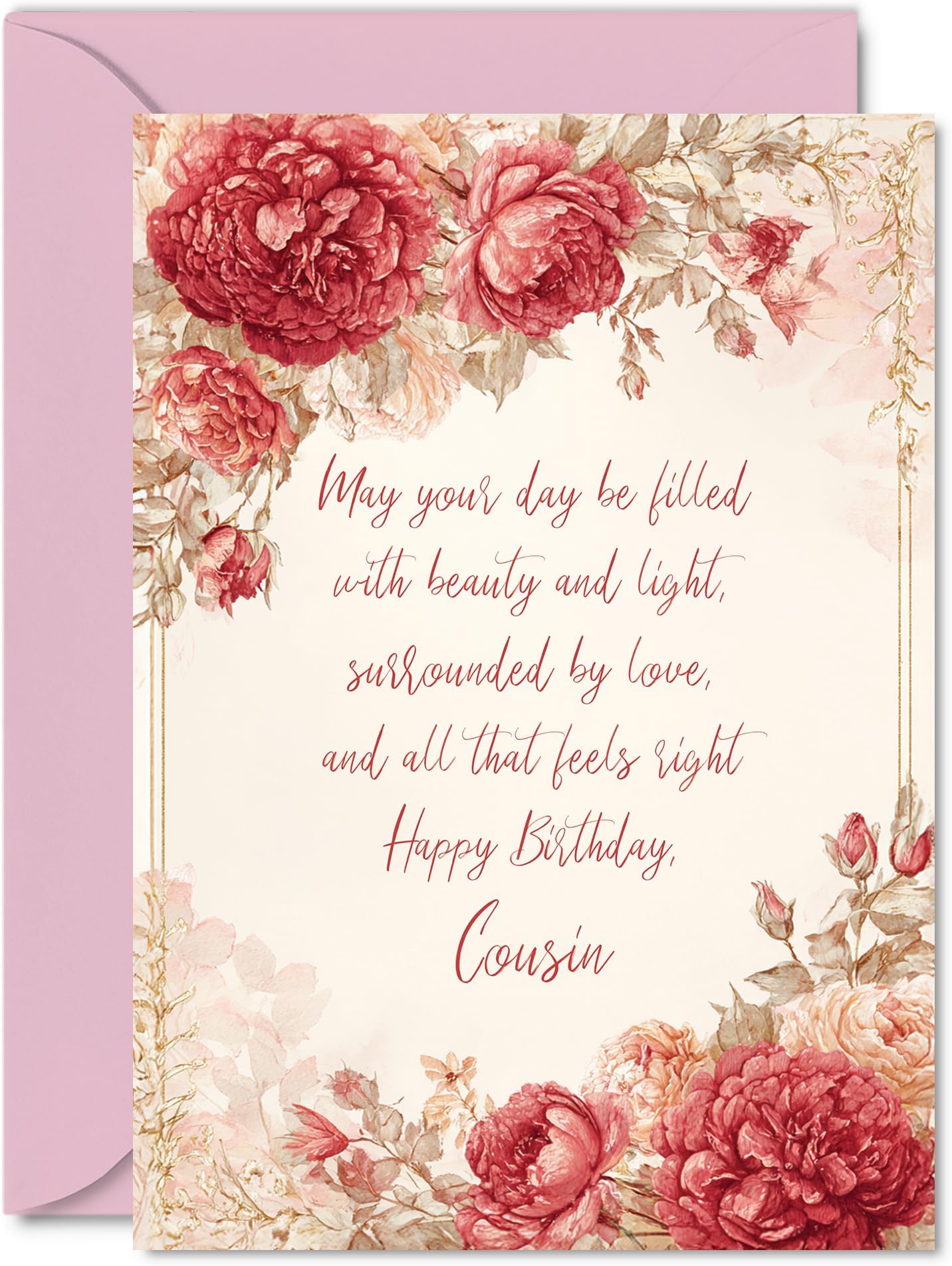 Cousin Birthday Card - Vintage Peonies - Happy Birthday Card for Cousin from Family Relative, 5x7 Inch Classic and Timeless Bday Greeting Cards