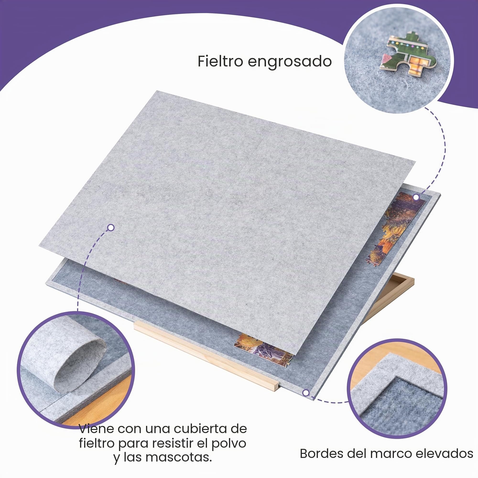 Tektalk - Tabla de Rompecabezas Plegable con 4 ángulos Ajustables, Bandeja Ligera y portátil con Caballete de Madera, Mesa de Rompecabezas Plegable de Fieltro, hasta 1500 Piezas (Gris)