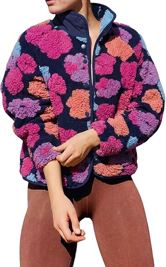 Aoang Womens Floral Fleece Jacket Warm Button Down Sherpa Coats for Fall | Cozy Sherpa Coat with Deep Pockets,Snap Closures,Perfect for Outdoor Casual Wear,Weekend Errands,or Post Gym Layering