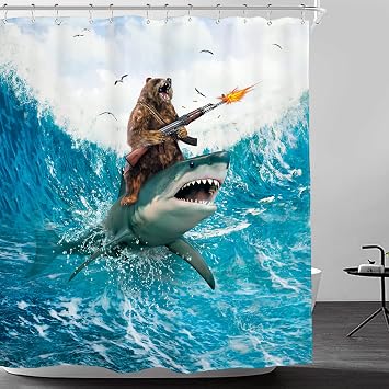 Funny Shower Curtain Humor Shower Curtain 60Wx72H Inch Shark Kids Bear Riding Surfing Cool Animal Beach Blue Waves Ocean Birds Clouds Boys Men Art Polyester Fabric Bathroom Bathtub