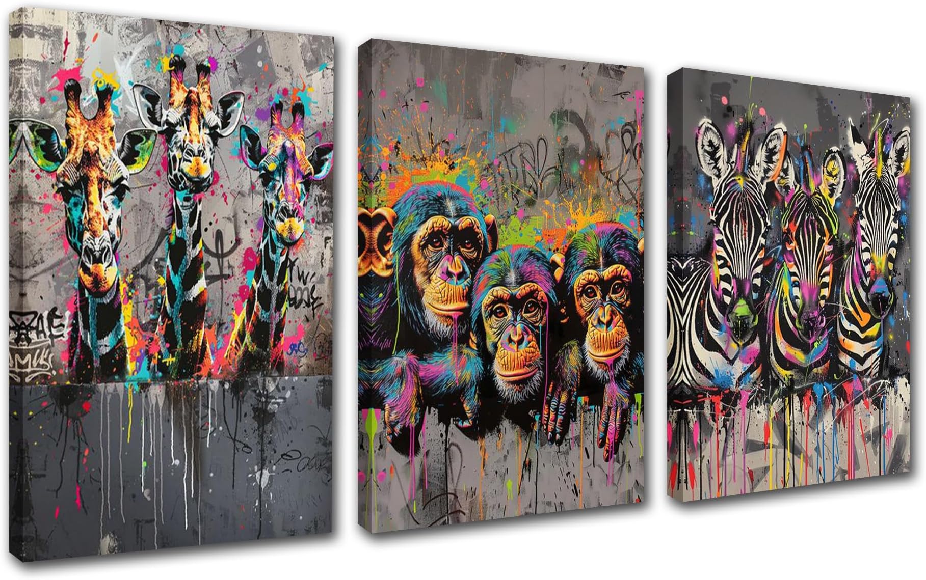 Banksy Street Animals Living Room Wall Art Decor Giraffe Monkey Zebra Pictures Graffiti Animals Paintings 3 Panels Canvas Funny Modern Artwork Home Office Decorations Framed Ready to Hang 48''Wx24''H