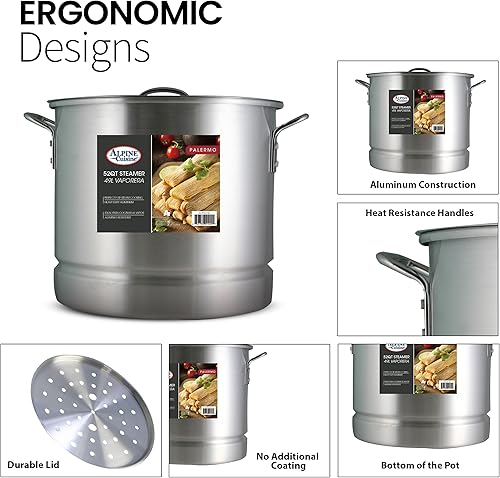 Miniatura 7 de Alpine Cuisine Olla de vapor de aluminio con tapas de olla de cocción de 52 cuartos de galón  Gran capacidad de cocción al vapor duradera de varios