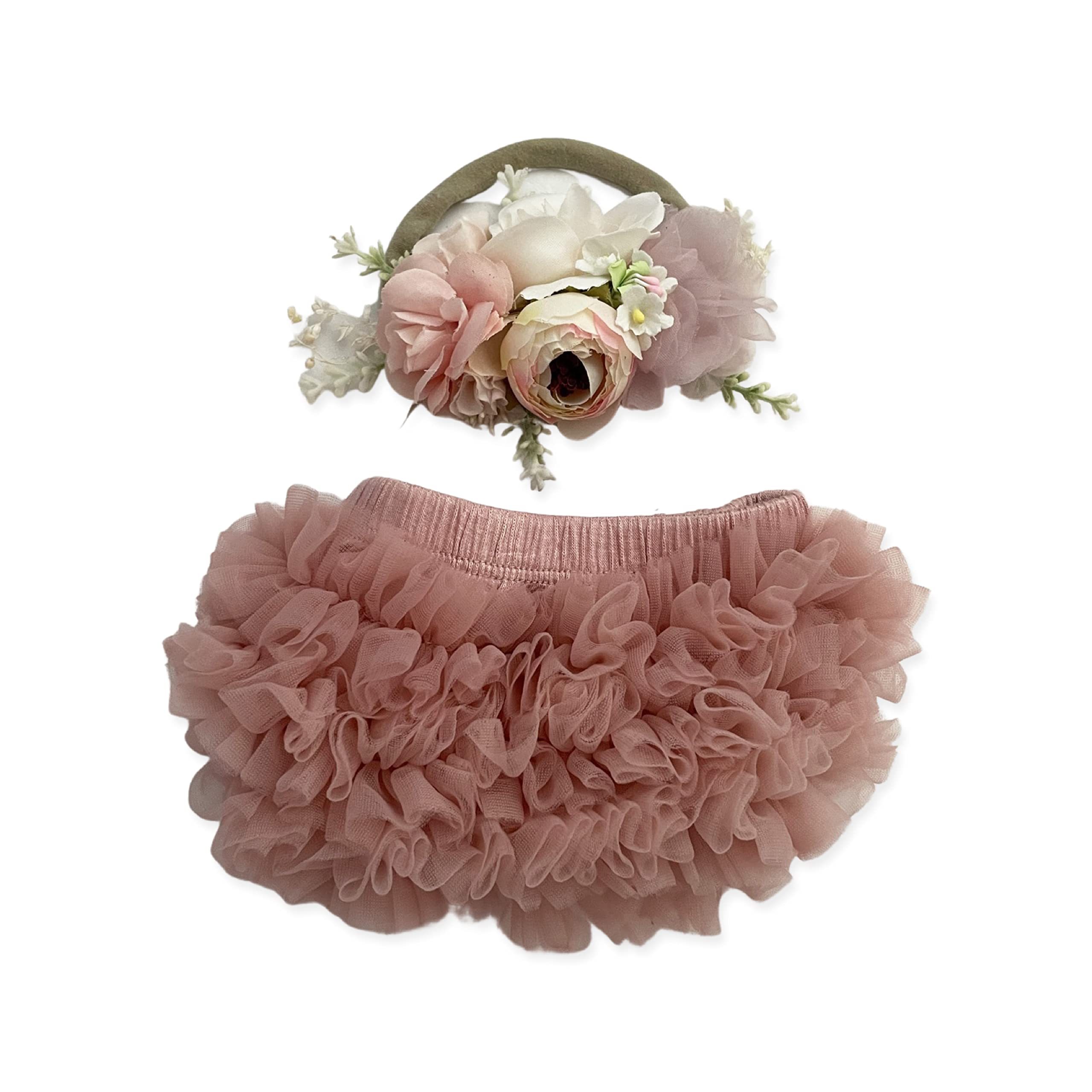 MEG ORIGINAL Baby Girl Ruffle Bloomer & Floral Crown Headband Set, Mauve 1P