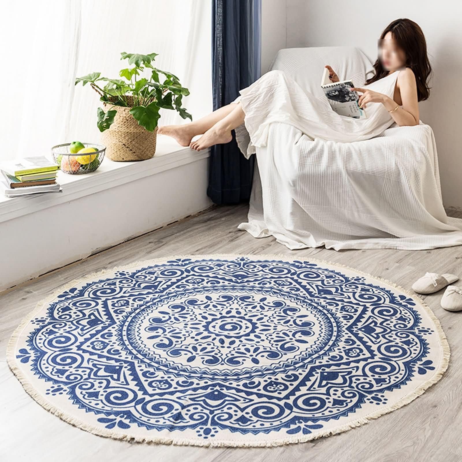 Homxi 120 cm Round Area Rug for Entryway, Cotton Linen Carpets, Ethnic Style Printed Pattern with Tassels, Bedroom Area Rug Royal Blue