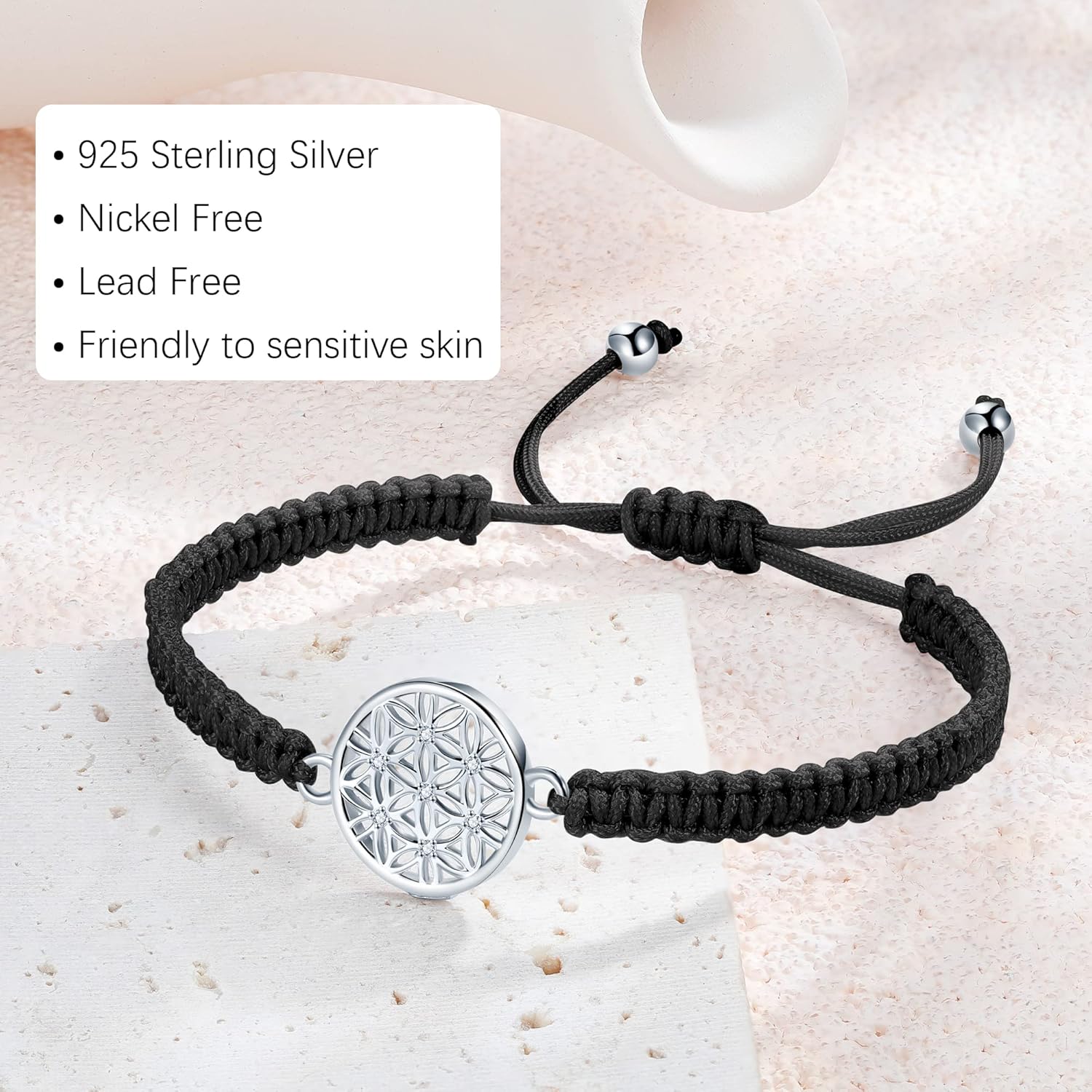 J.Endéar Flower of Life Bracelet for Women, 925 Sterling Silver Zirconia Handmade Filigree Rope String Adjustable Bracelet, Amulet Lucky Jewelry Gift - Image 4