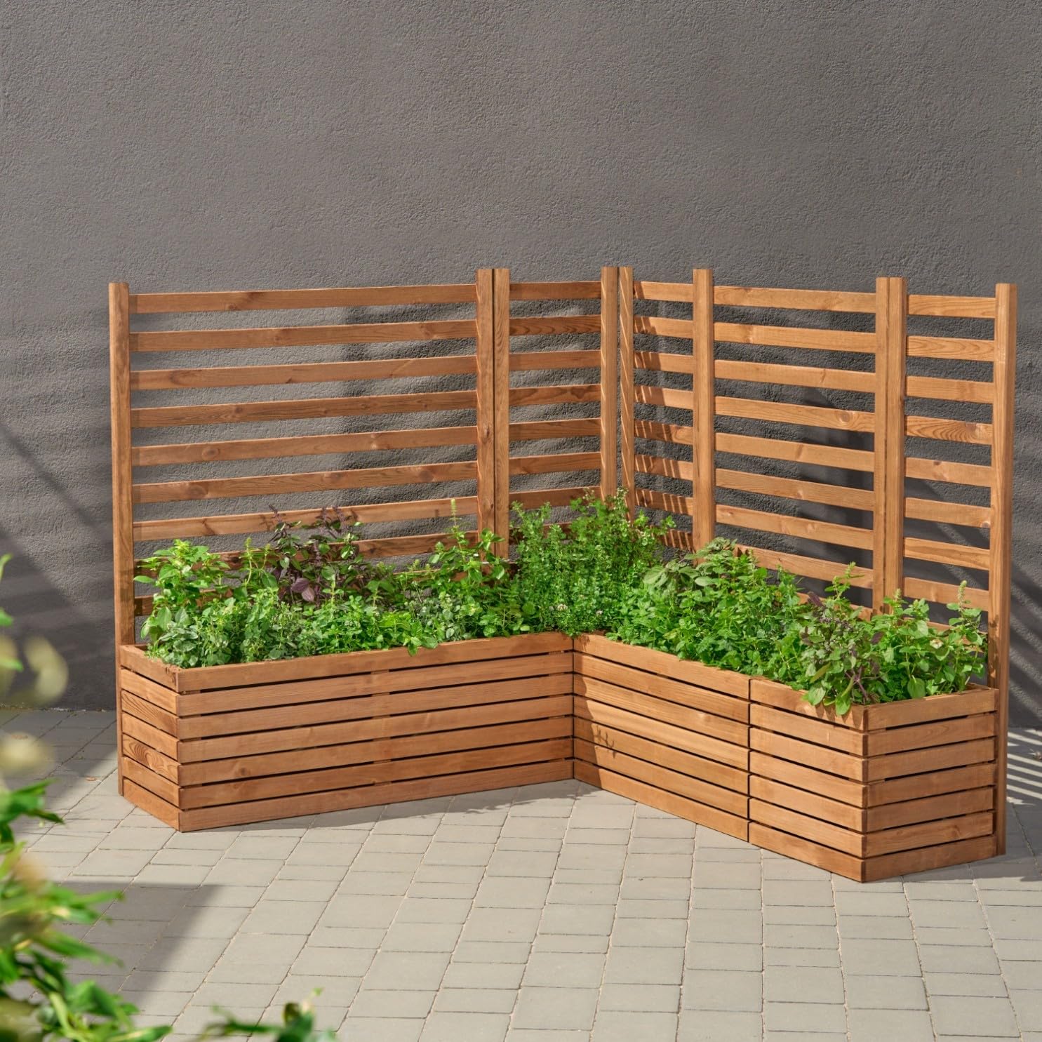 Jardiniera marrón de 18 l para jardín, balcón, terraza, banca elevada (67x36x35 cm, altura 115 cm)