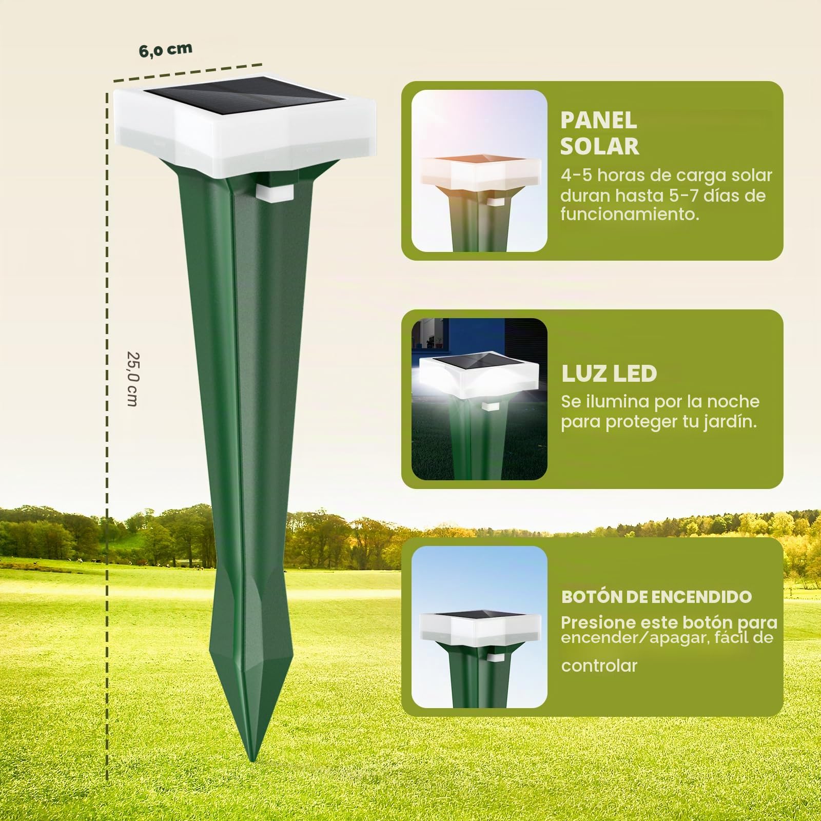 Ahuyentador de Topos, 3 Modos de Vibración Ahuyentador de Ratas con Luz LED, Solar y Impermeable Ultrasónico de Plagas, Topos y Serpientes, per Césped, Patio y Jardín (4, Verde)