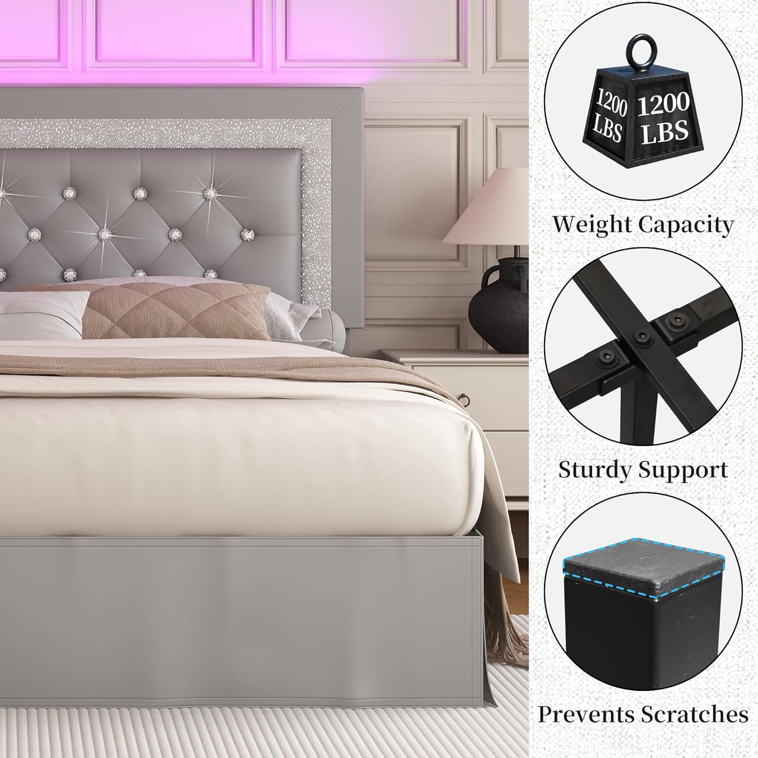 SIBEDS Queen Bed Frame with Adjustable Headboard, Upholstered Platform Bedframe with LED Lights and Skirt, Diamond Button Tufted Mattress Foundation with Wooden Slats Support, Easy Assembly, PU Grey