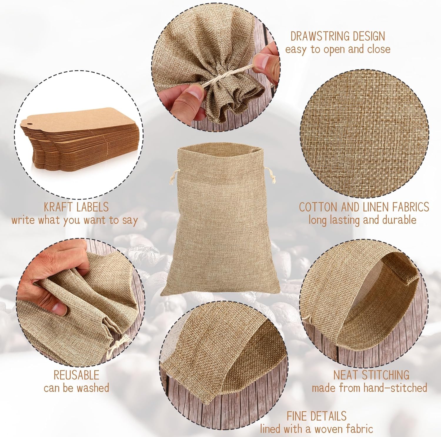 Windyun 30 Pcs Linen Drawstring Bag Burlap Gift Bags with Tags and String 8 x 12 Inches Burlap Sacks for Wedding Birthday Christmas Party Favor Gift Wrapping Bulk - Image 3