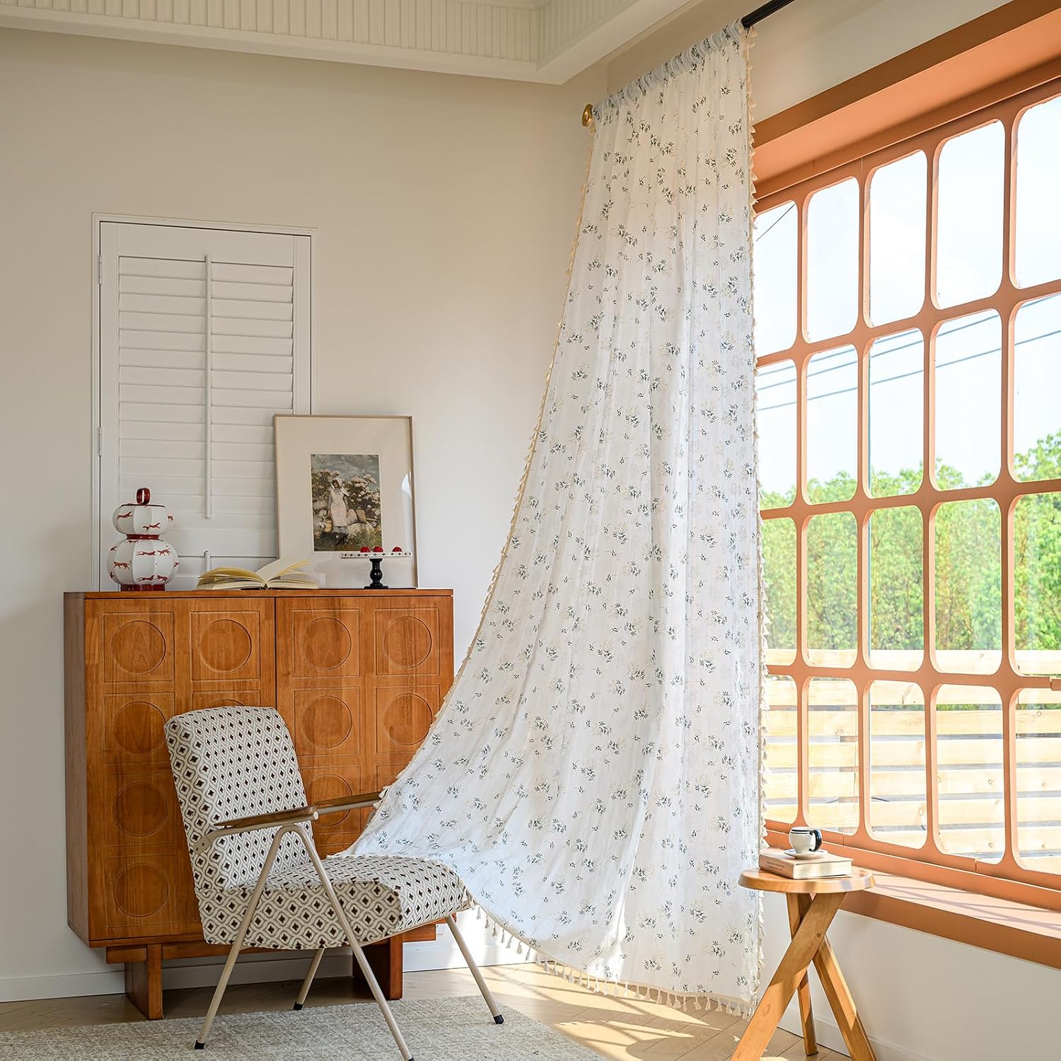 ROOMLIFE White Floral Curtains for Bedroom 63 Inches Long 2 Panels Rod Pocket, Light Filtering Privacy French Country Patterned Curtains for Living Room Drapes Window Treatments with Tassels