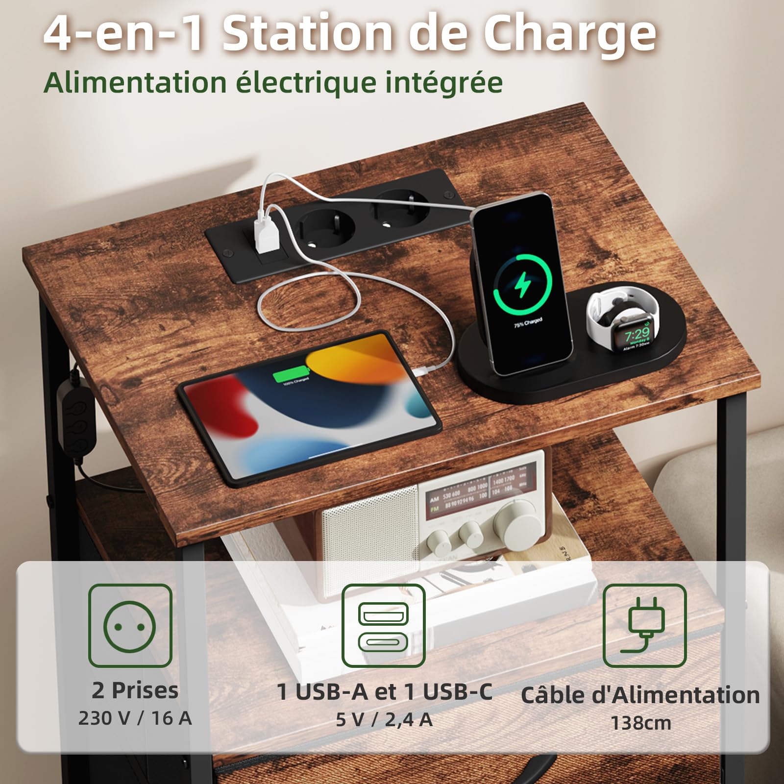 Somdot Table de Chevet Connectée, Table de Nuit LED par APP avec Station de Charge, Rangement Moderne 10,4 kg pour Chambre à Coucher Salon, 30P x 40l x 72H (3 Tiroirs), Imprimé Grain de Bois, Lot de 2