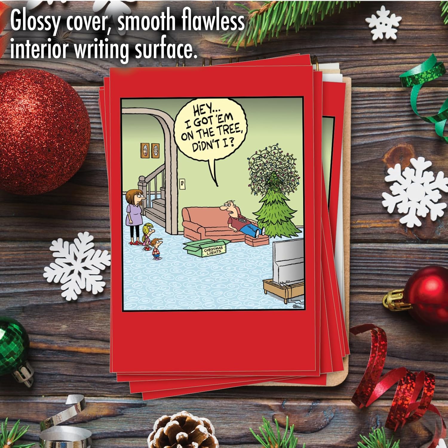 NobleWorks 12 Funny Christmas Cards w/5 x 7 Inch Envelopes (1 Design, 12 Each) - Tree Topper C8732XSG-B12x1