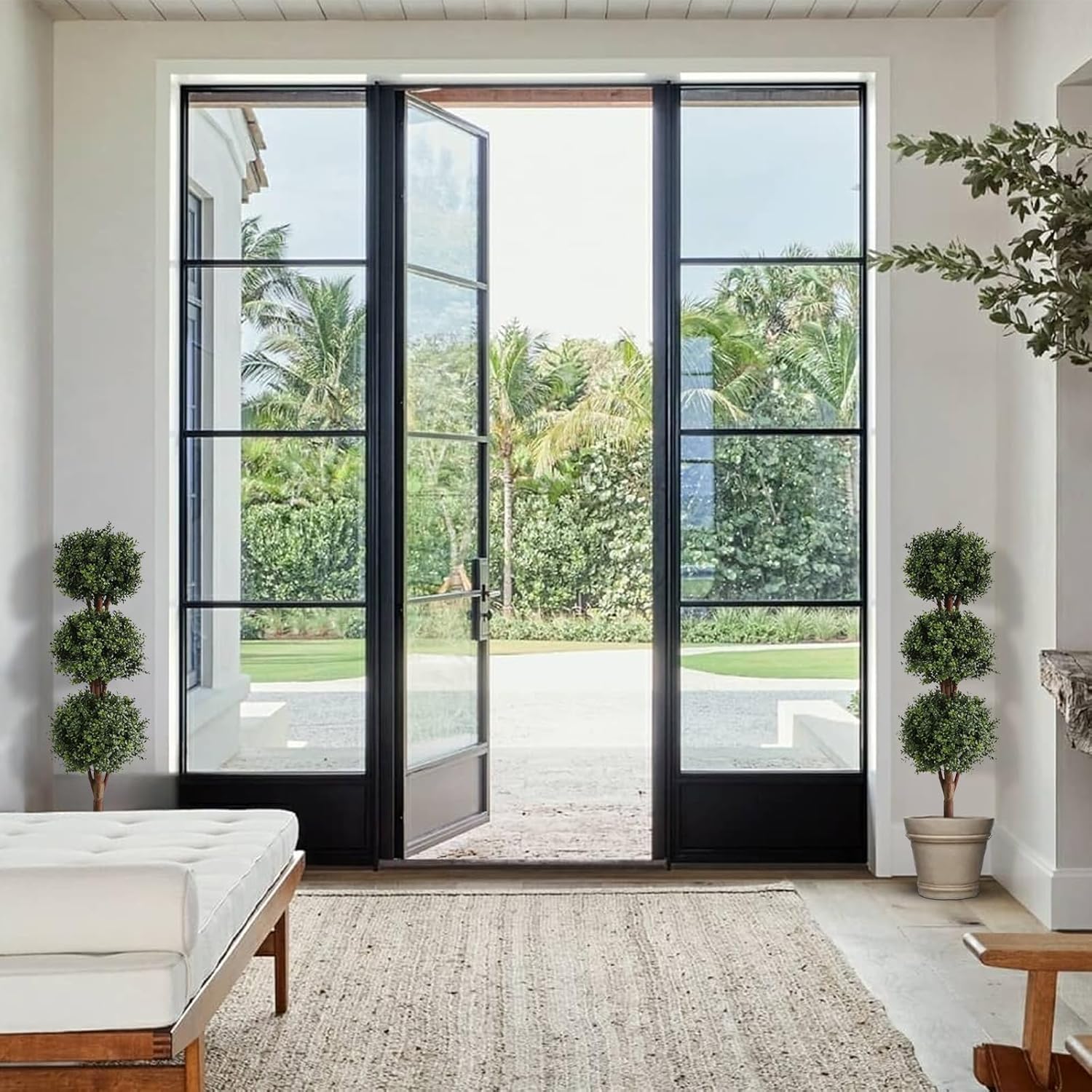 momoplant 4FT Artificial Topiary Triple Ball Trees - Faux Boxwood Topiary Trees Set of 2 - UV Resistant Outdoor and Indoor Artificial Green Plants