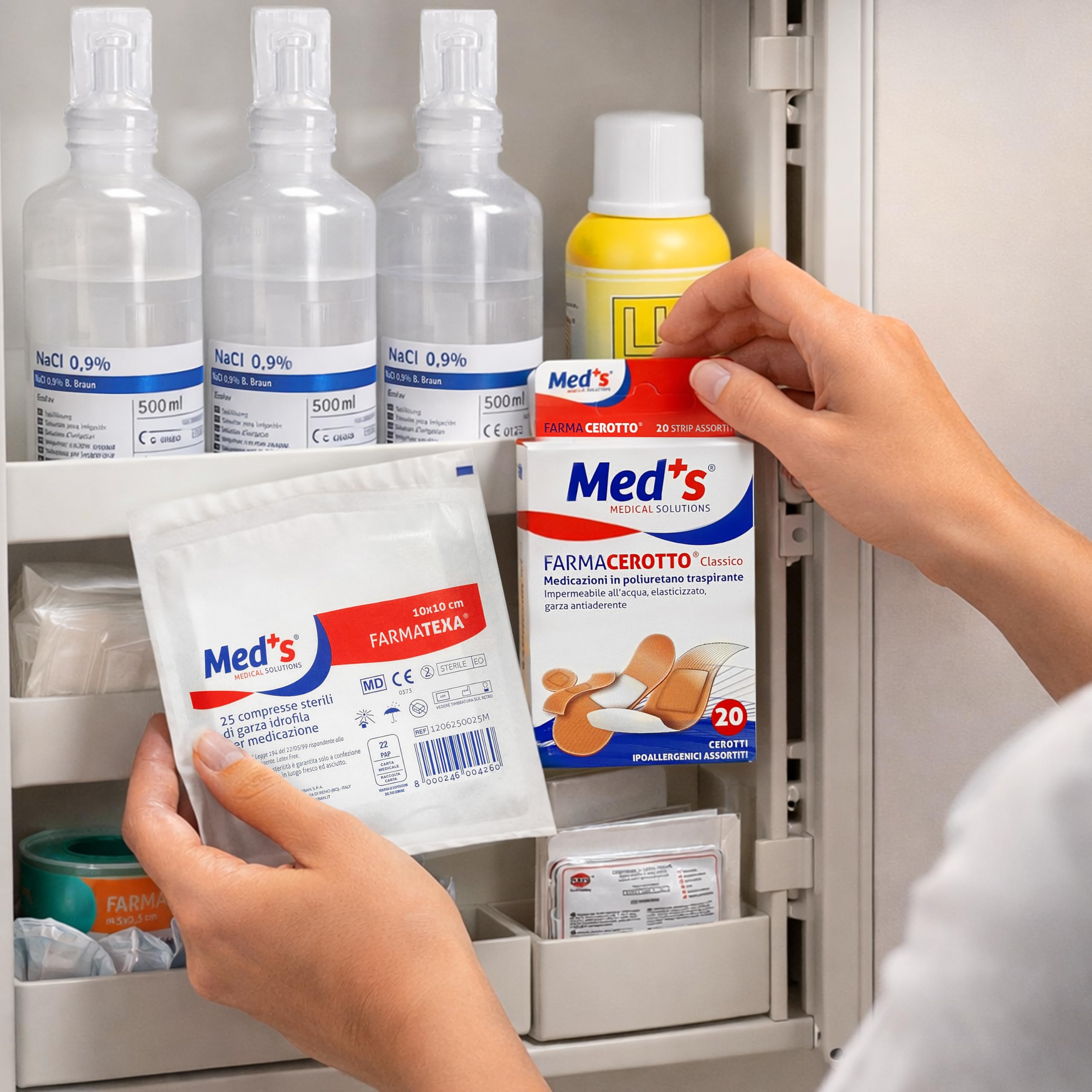 KIT BASE per reintegro ALLEGATO 1 parziale, pacco di medicazione per cassette di Pronto soccorso, Armadietto aziende più 3 dipendenti