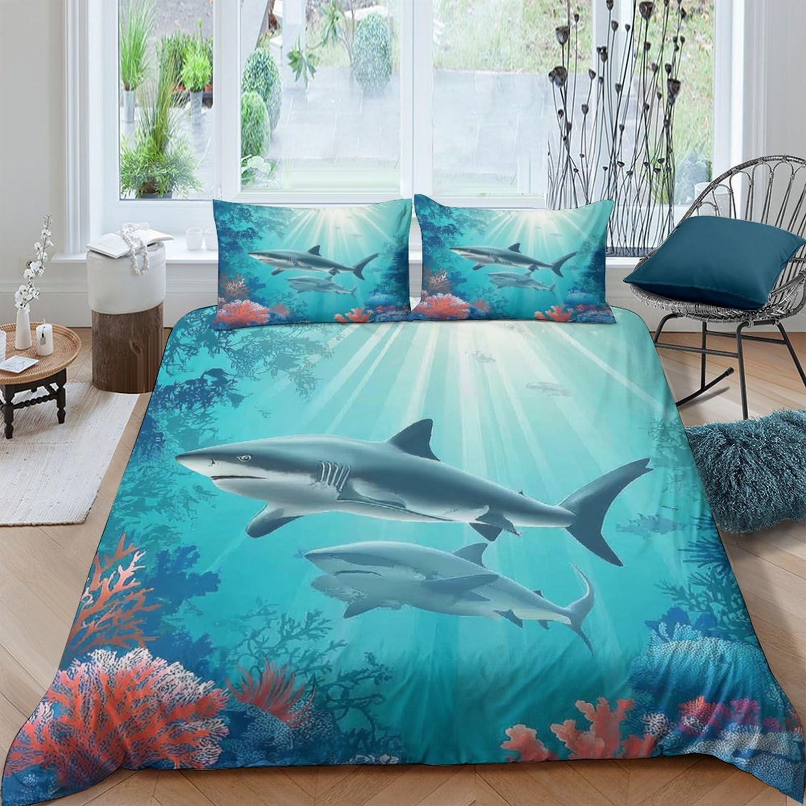 GPLZQXKJNH 3D Printed Shark Ocean Bedding Set Microfiber Soft Breathable Duvet Cover Coral Reef Quilt Cover with 2 Pillowcases for Bedroom Decor Single（135x200cm）
