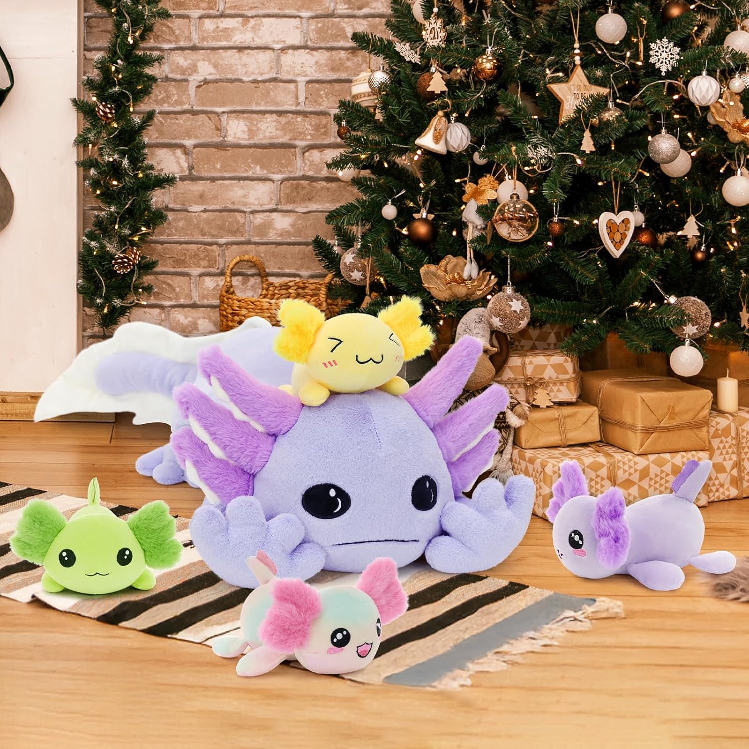 Tezituor Axolotl Stuffed Animal with 4 Babies, 31.5" Large Axolotl Toy Luminous Axolotl Plush Soft Pillow Birthday Gifts for Girls Boys,Purple(Glow in The Dark)