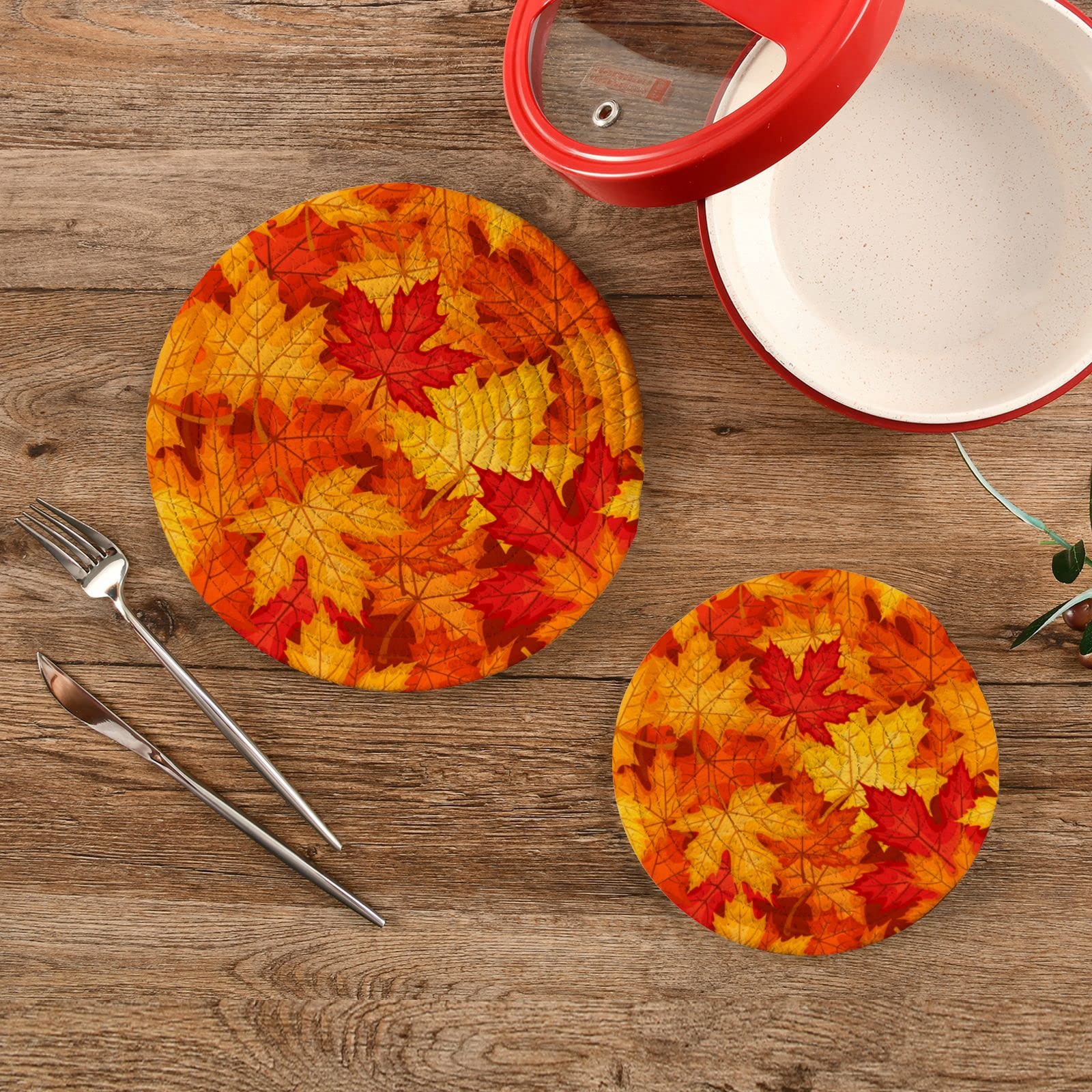 Boccsty Autumn Maple Leaves Trivet Mat 2PCS Fall Red Leaf Round Woven Potholders Kitchen Table Countertop Protector Hot Pads Farmhouse Coasters Counter Mats?for Cooking Baking