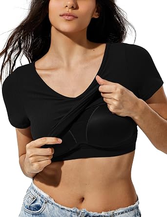 ZeroBound Built in Shelf Bra Crop Tops - V Neck Basic Casual Crop T Shirt, Short Sleeve Y2k Tee for Women