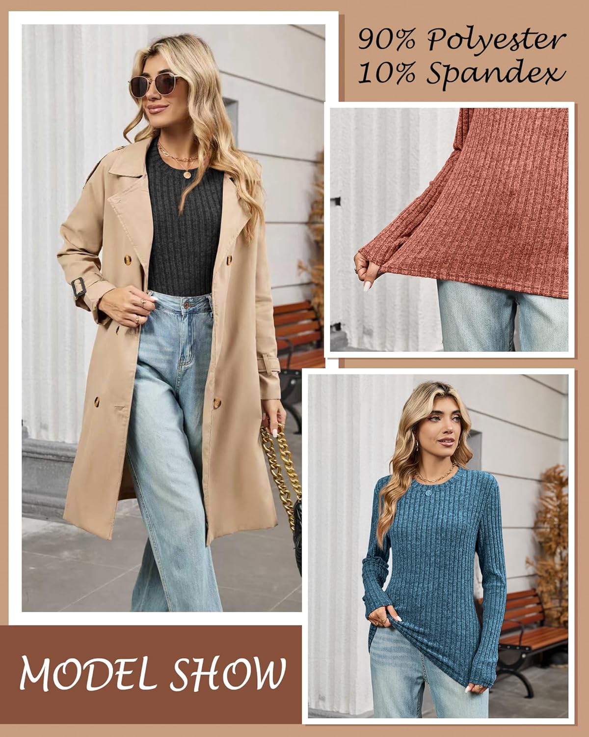 3 Pack Women's Fitted Ribbed Sweaters Tops, Long Sleeve Crew Neck Slim Fit Thermal Fall Winter Base Sweater - Image 3