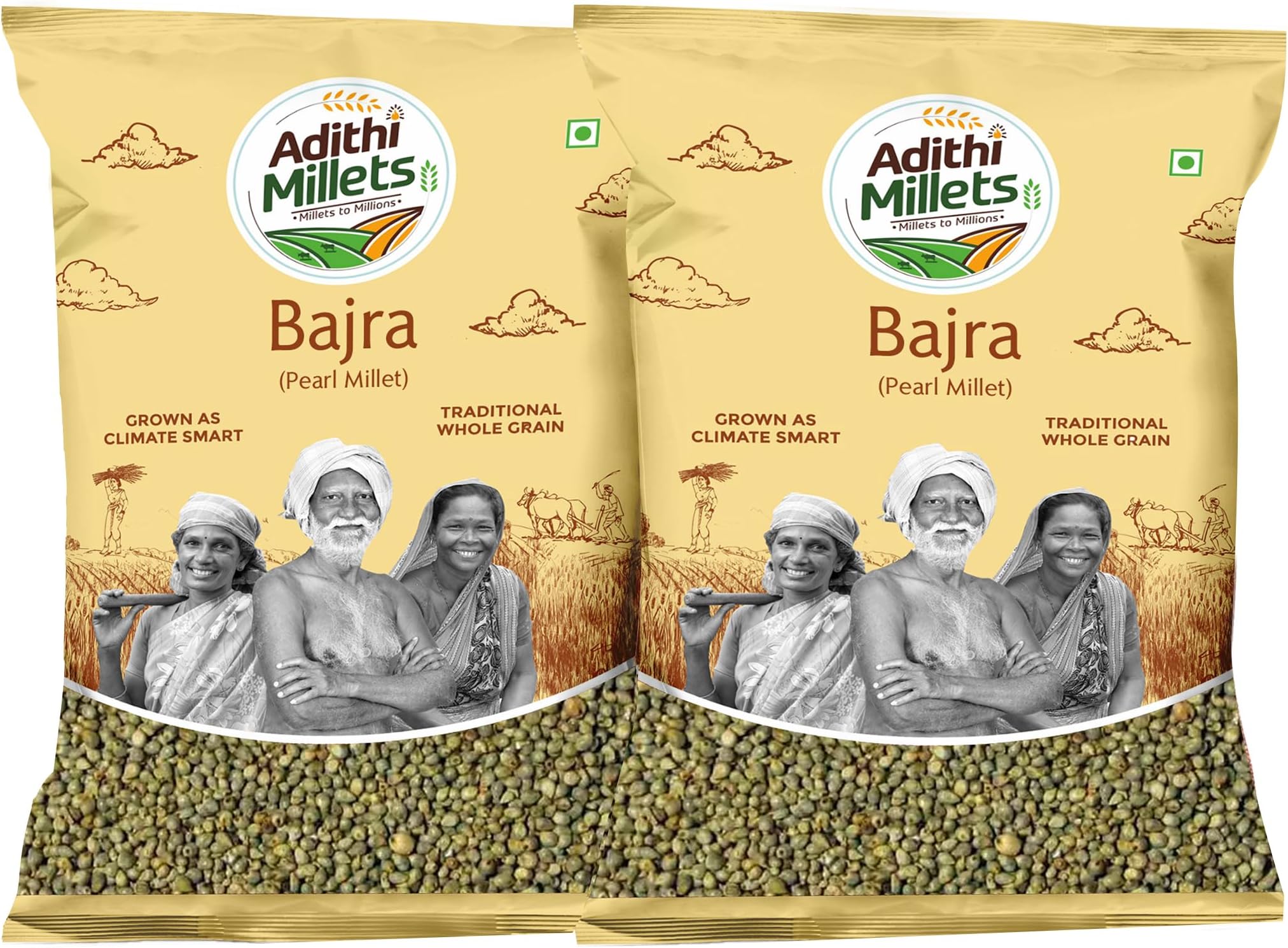 ADITHI MILLETS - BAJRA/PEARL Millet 900gms (450gm x 2 Pack) (Bajra,Pearl Millet,Kambu, Sajje, Sajjalu) Natural whole grains organic Combo pack unpolished Siridhanya Millets Rice (900gm)