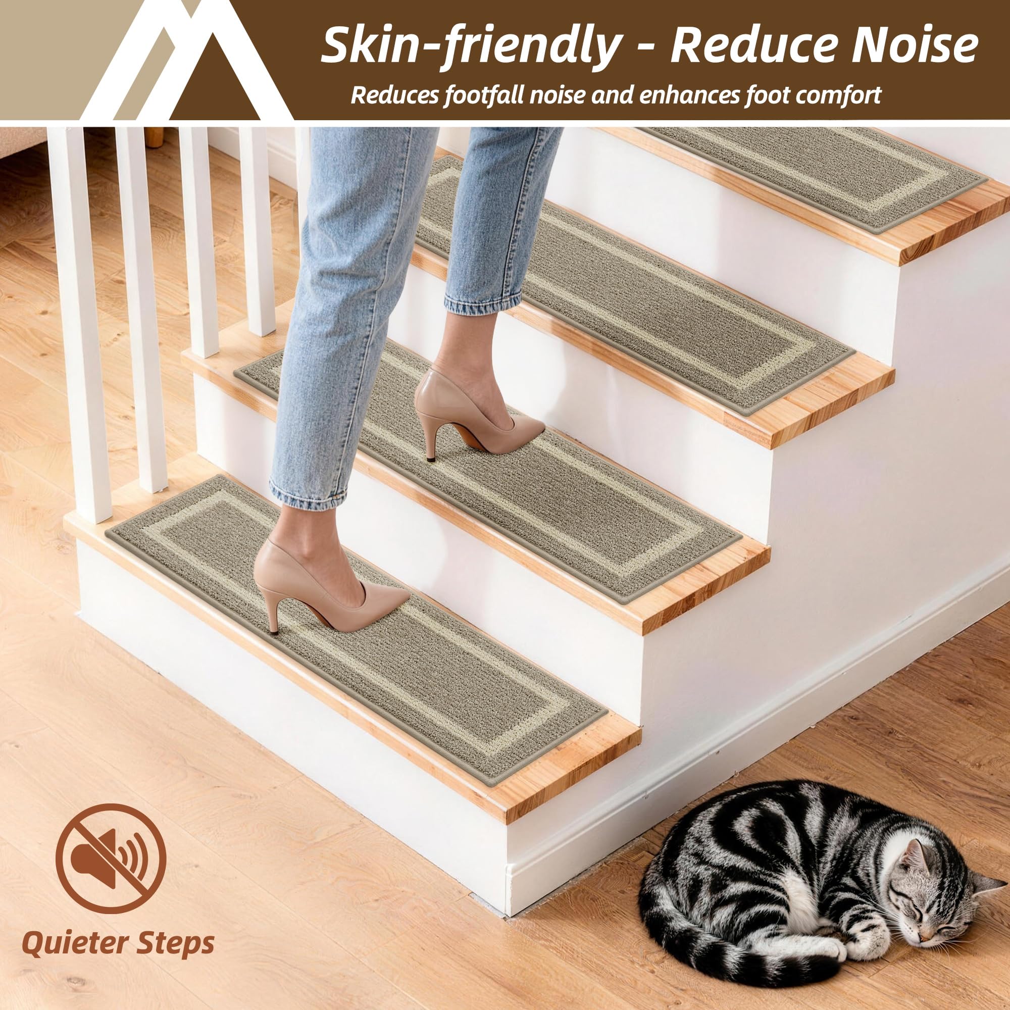 COSY HOMEER Tappeto antiscivolo per scale per interni in 100% poliestere, 4 pezzi, beige, quadrato